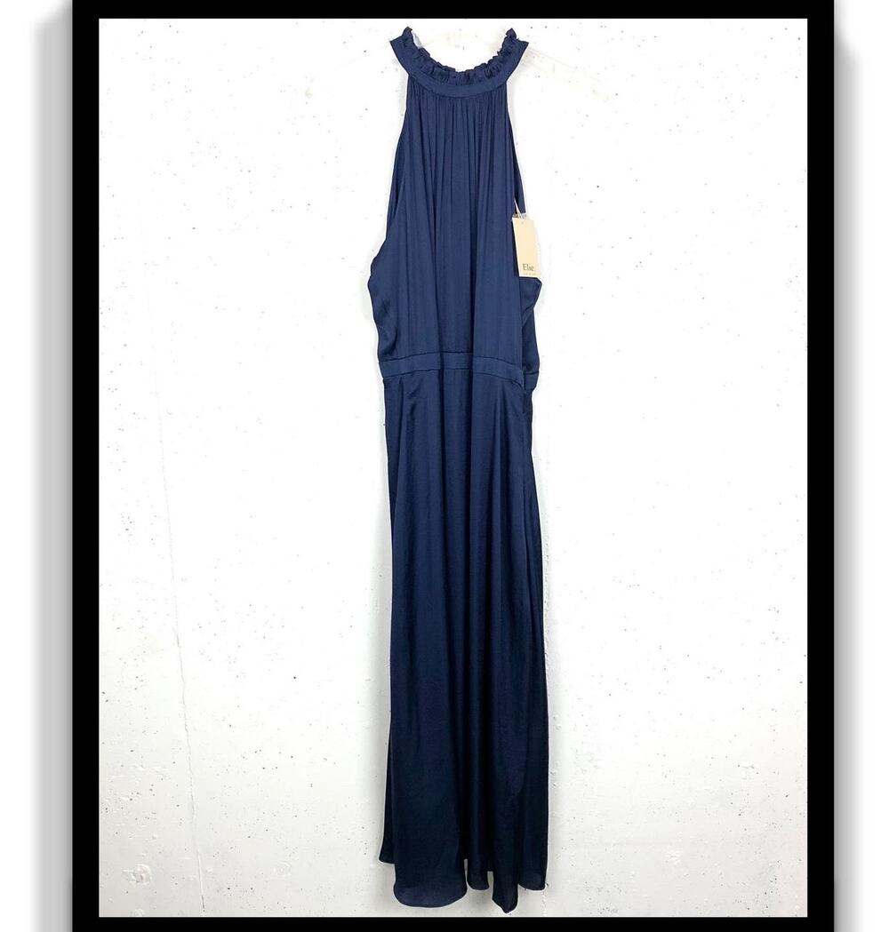 Elie Tahari Womens Blouson Ruffle Halter Midi Dress Blue Sleeveless Size 10